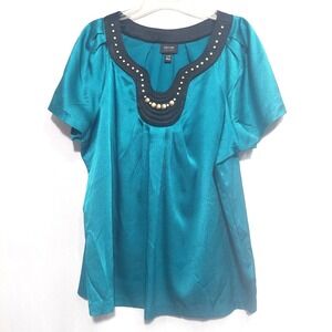 Nicole Miller Womens XL Satin Blouse Short Sleeves Scoop Neck Bead Embellished